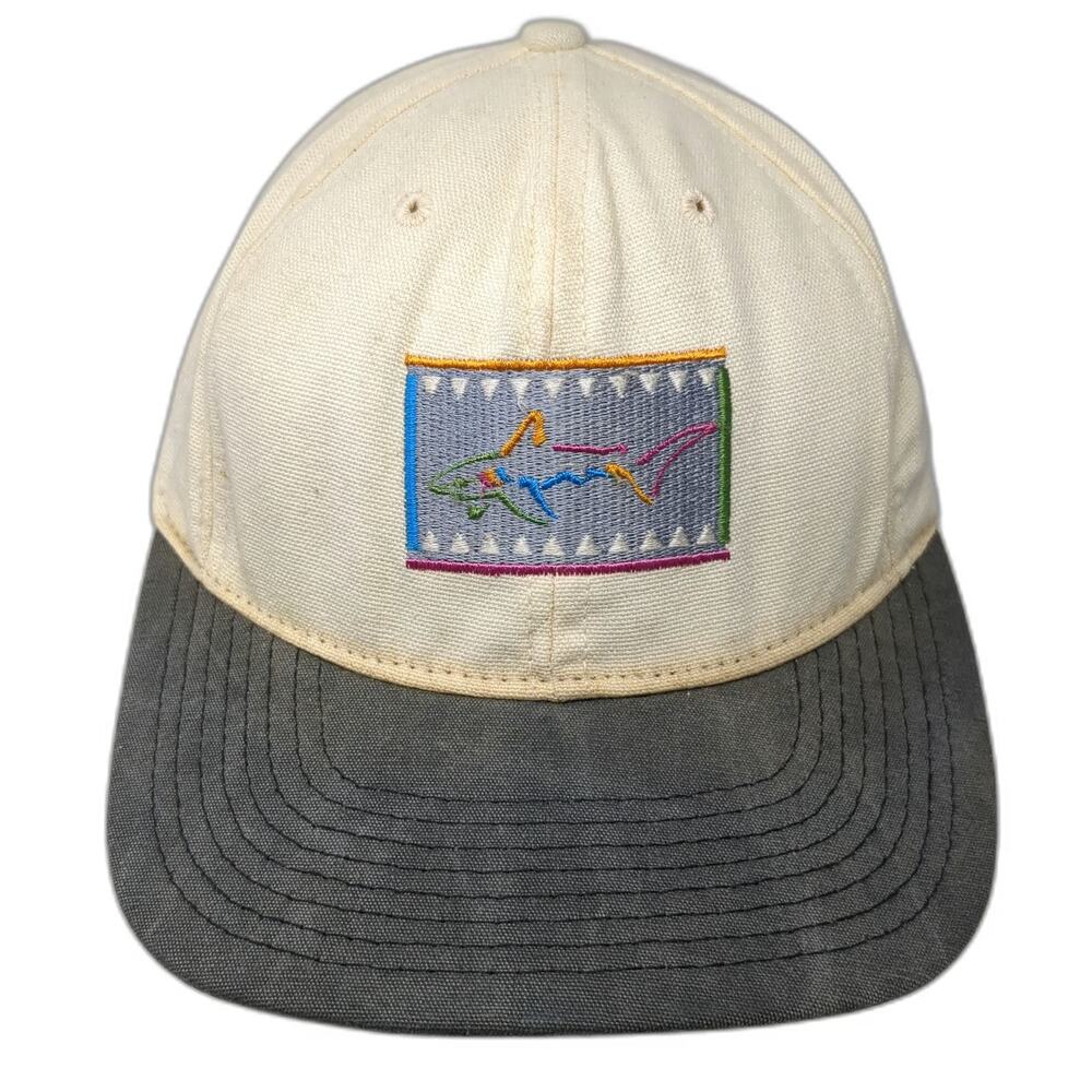 Reebok Baseball Cap Beige Gray One Size Shark Logo Made in USA Leather Strap Hat